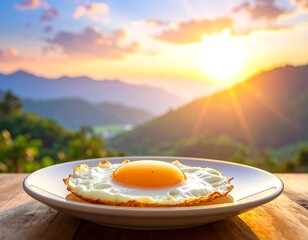 Sunny-side-up egg on a plate with scenic sunrise background
