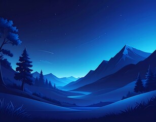 Stylized illustration of a mountain scene under a starry night