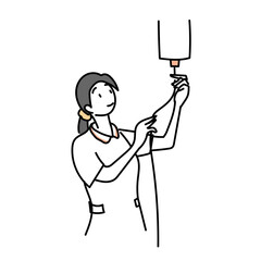 医療現場で点滴を準備する看護師を描いたシンプルなイラスト素材｜病院や治療やケアをイメージしたヘルスケアのビジュアル表現