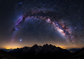 Spectacular Milky Way arc above majestic mountain range at night