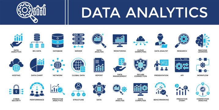 Data analytics icon set collection. Containing monitoring, review, database, server, performance, report, survey .Solid vector icons collection