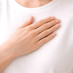Fototapeta premium Hand on chest, health, care and calm gesture close-up