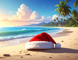 Sunny beach scene with a Santa hat in the sand, tropical landscape