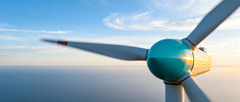 Close-up of rotating blades of powerful wind turbine against clear sunset sky, representing environmentally friendly green energy and sustainable development of global power plants. - Powered by Adobe