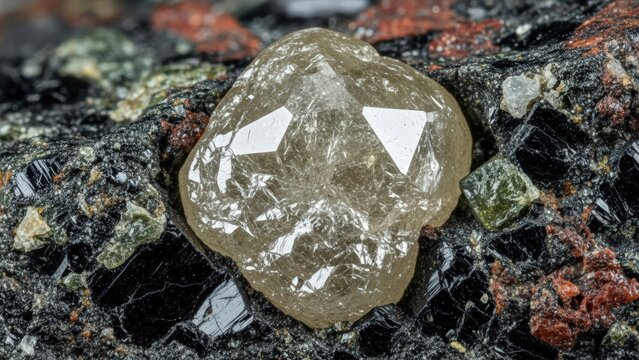 Macro closeup of a rough, uncut, yellowishbrown diamond crystal embedded in dark, multicolored igneous rock matrix