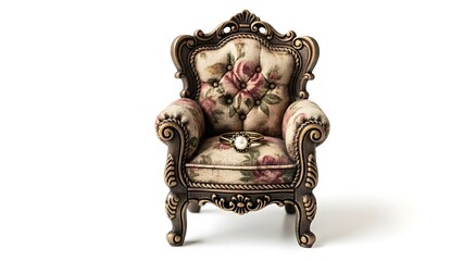 Ornate miniature armchair with floral upholstery holds a delicate pearl ring