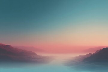 A serene landscape at dusk with soft mist and mountains under a colorful sky.