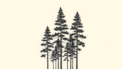 Minimalist sketch illustration of tall pine trees arranged vertically to emphasize height and calm atmosphere