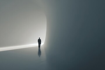 A solitary figure stands in a serene, minimalist environment of soft light and shadows.