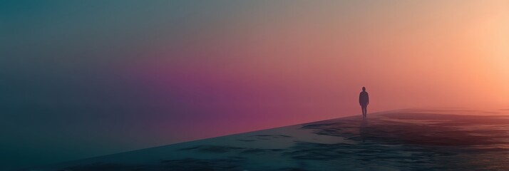 A solitary figure stands on a misty path, surrounded by vibrant hues of twilight.