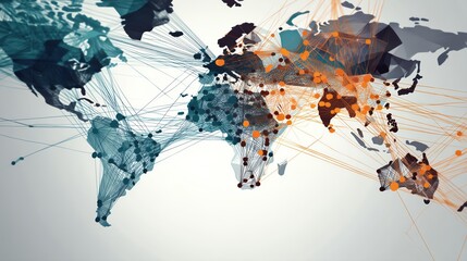 Abstract world map with colorful connections representing global communication.