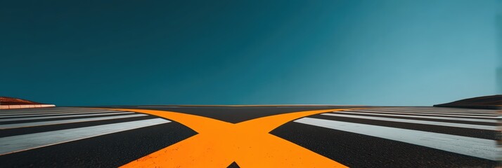 An abstract view of a road with an orange marking against a clear blue sky.