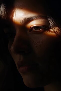 Closeup portrait of young woman with soft light highlighting her face