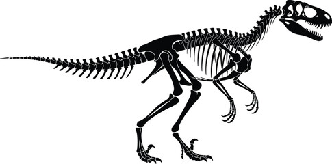 Dinosaur skeleton silhouette, Tyrannosaurus rex vector, prehistoric fossil illustration, ancient reptile design, paleontology art, extinct creature background