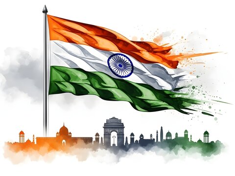  illustration of the Indian tricolor flag with iconic monuments and patriotic splash.