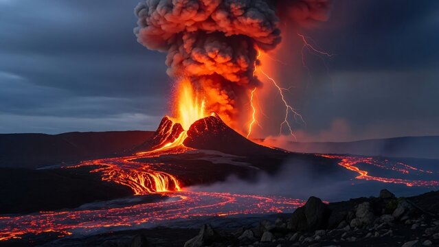 Dramatic Volcano Eruption with Flowing Lava Lightning Storm Natural Disaster Photography Iceland