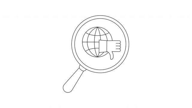 Magnifying glass showing a globe with a thumbsdown gesture overlaying it Simple line art