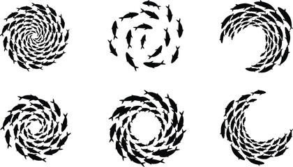 Black fish spiral silhouette set, circular swimming school patterns, marine life illustration, abstract aquatic motion design, ocean wildlife concept