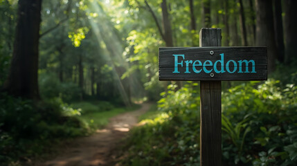 A serene forest path with a wooden signpost indicating freedom in a natural setting