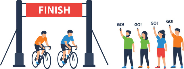 Cyclists race finish line, cheering crowd illustration, sports competition vector, athletic event design, cycling silhouette art, victory celebration background