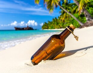 Sunny beach scene with a bottle and a ship in the distance