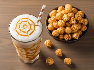 Sweet treat delight featuring caramel latte with intricate art and popcorn