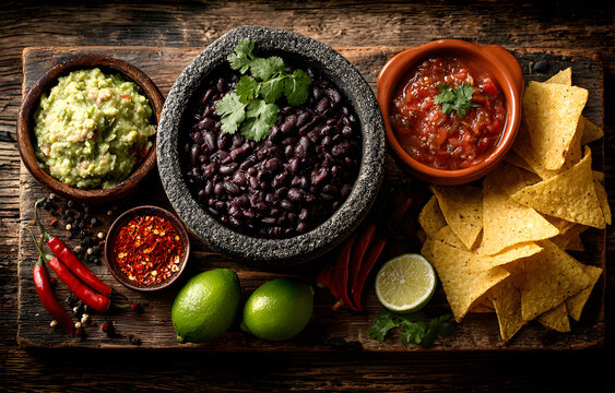 Vegetarian Mexican food concept: refried black and red beans. guacamole, salsa, chili, tortilla chips and fresh ingredients over vintage red rustic wooden background. Top view, flat lay