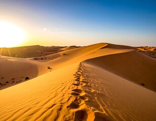 Sunny desert landscape with sand dunes and foot tracks