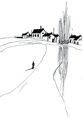 Minimalist Black and White Ink Sketch of a Figure Walking Toward a Rural Village