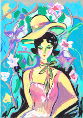 Bold Expressionistic Portrait of a Woman in a Yellow Sun Hat with Floral Background Art