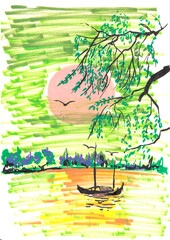 Vibrant Marker Drawing of a Peaceful River Sunset with a Small Boat and Greenery