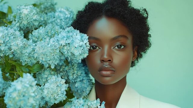 Woman with curly hair among blue hydrangeas in bloom