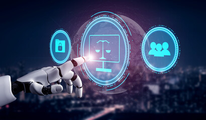 AI for data privacy protection and cyber law regulation. A concept of digital justice, user rights, and security policy with AI information protection. Motif