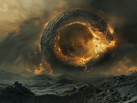 Concept art of molten proto Earth colliding Theia generating orbiting debris ring Giant Impact Hypothesis planetary crash visualization cosmic digital painting artistic render plain neutral background