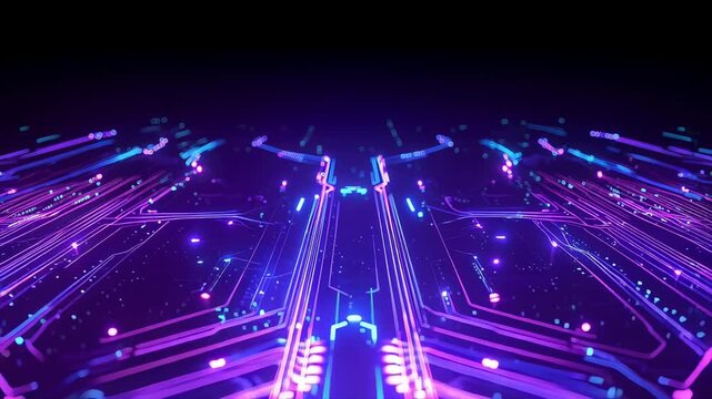 広がるサイバー空間とネオン回路 ズームアウト
