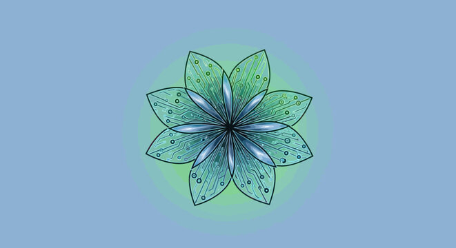 A stylized floral illustration combines circuit board details with petals, set on a gradient background