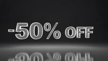 Glass 50 percent off text banner on dark grey studio floor with reflection for winter seasonal sale clearance promotion and discount business marketing
