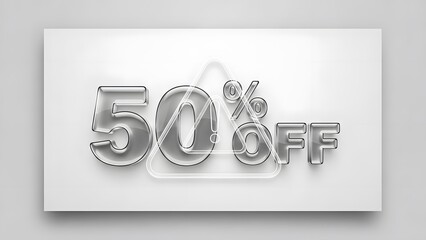 Fifty percent off glass numbers and text with warning triangle on white panel translucent design discount