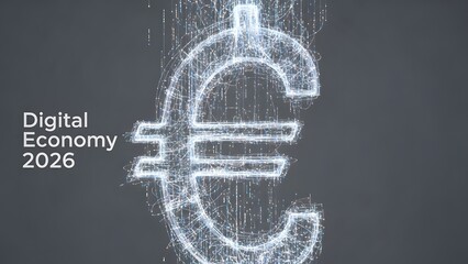 Digital economy 2026 concept with euro symbol made of digital particles and futuristic lines, abstract background, financial technology