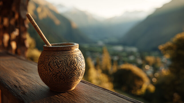 Intricately carved yerba mate gourd with wooden stirrer on rustic wooden surface in mountain landscape