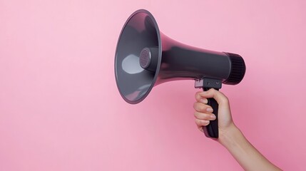 Hand holding megaphone against pastel background
