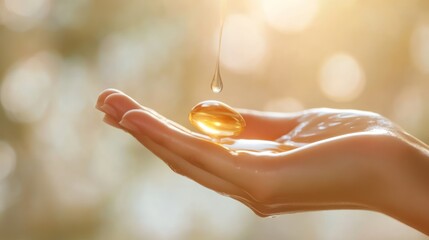 A hand holding a single drop of oil in the sunlight