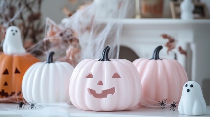 Pastel pumpkins and ghost decorations on a white surface with autumnal background elements