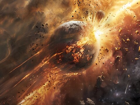 Concept art of proto Earth being struck Theia releasing volcanic magma into space Giant Impact Hypothesis early planetary collision artistic cosmic scene digital space render plain neutral background