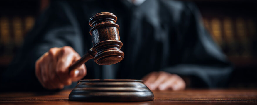 Judge in black judicial robe striking a wooden gavel on a sound block during a courtroom session