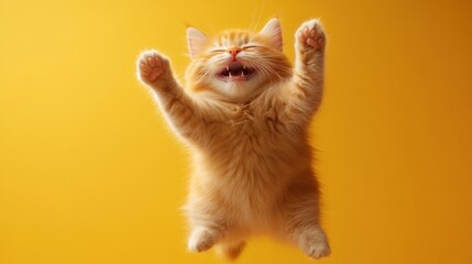 Playful orange kitten jumping with outstretched paws against a vibrant yellow background