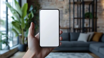 A hand holding a smartphone with a blank screen in a modern living room with a sofa and plants