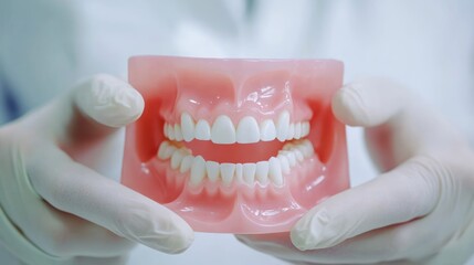 Dentist holding a dental model of human teeth in gloved hands