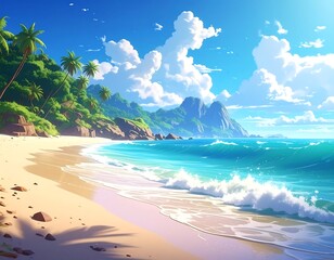 Sunny beach scene with palm trees, blue water, and cloud-filled sky