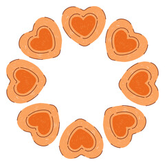 Hand drawn circular cookie frame in a simple doodle style, featuring cute baked shapes arranged in a soft, cozy wreath on a white background. Perfect for festive designs, labels, sweet themed branding